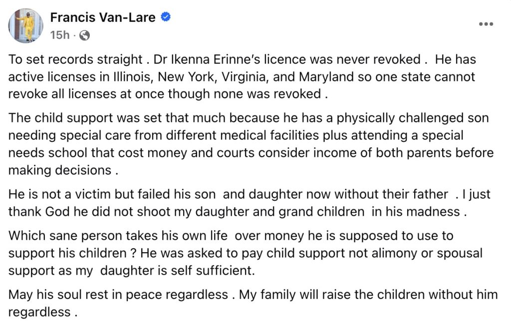 Late Dr. Ikenna’s father-in-law reveals reason for $15K child support